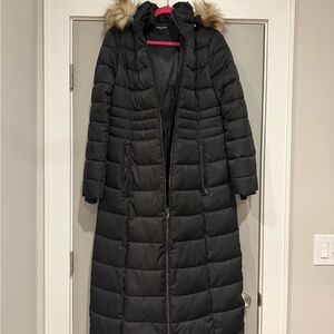 Kenneth Cole Women's Black Puffer Maxi Coat Faux Fur Trim Removable Hood Small